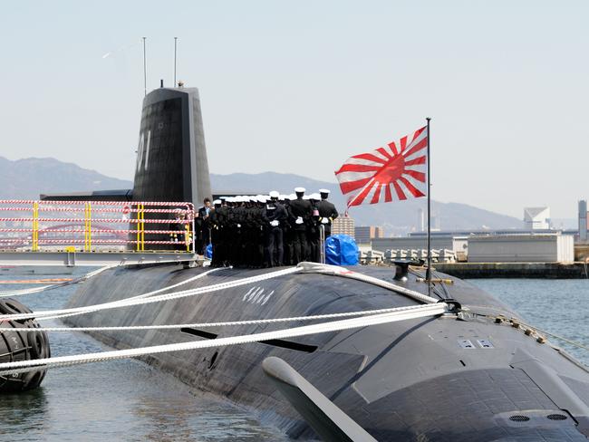 Competition ... one of Japan's Soryu class submarines docked in a Japanese port. Australia is considering using technology from this high-tech class of diesel-powered submarine. Picture: Masayuki Kikuchi