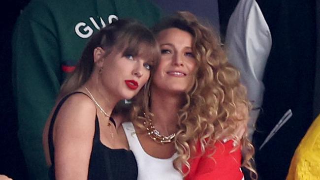 Taylor Swift and actress Blake Lively at Super Bowl LVIII together last year. Picture: Getty.