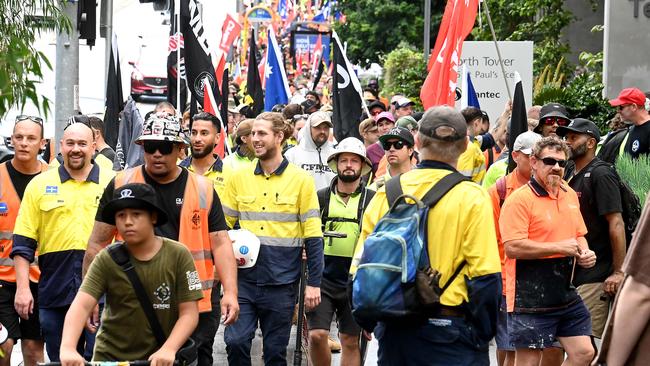 CFMEU members walk off a Newstead worksite to join a protest outside Queensland parliament. Picture: John Gass