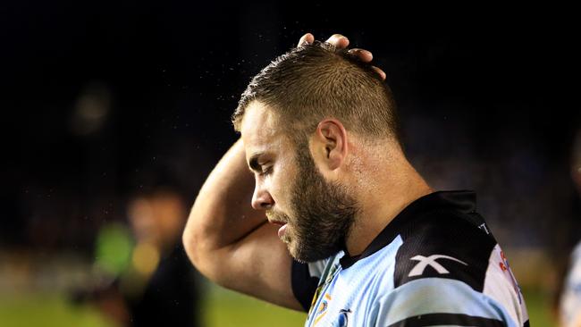 Wade Graham after a high tackle on Johnathan Thurston during the Cronulla Sharks v North Queensland Cowboys NRL round 14 game at Shark Park. Picture: Mark Evans