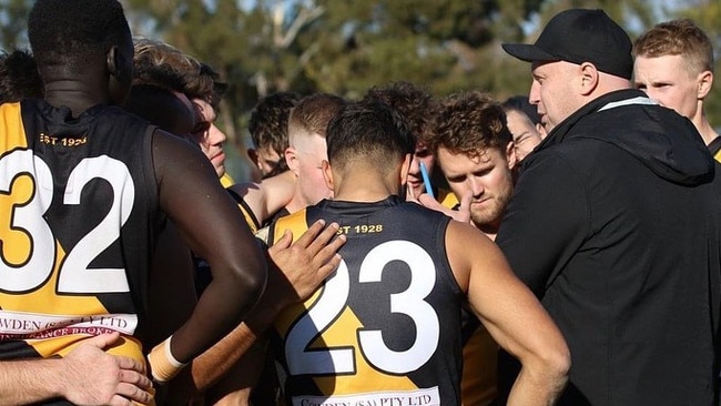 Broadview coach Matt Burgess addresses his reinvigorated side. Picture: Broadview Football Club