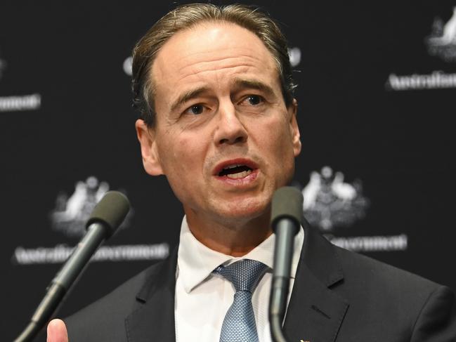 Australian Health Minister Greg Hunt speaks to the media during a press conference at Parliament House in Canberra, Thursday, April 9, 2020. (AAP Image/Lukas Coch) NO ARCHIVING