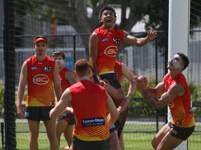 Malcolm Rosas climbs high for a pack mark in an  intraclub match . Picture: Gold Coast Suns/Media