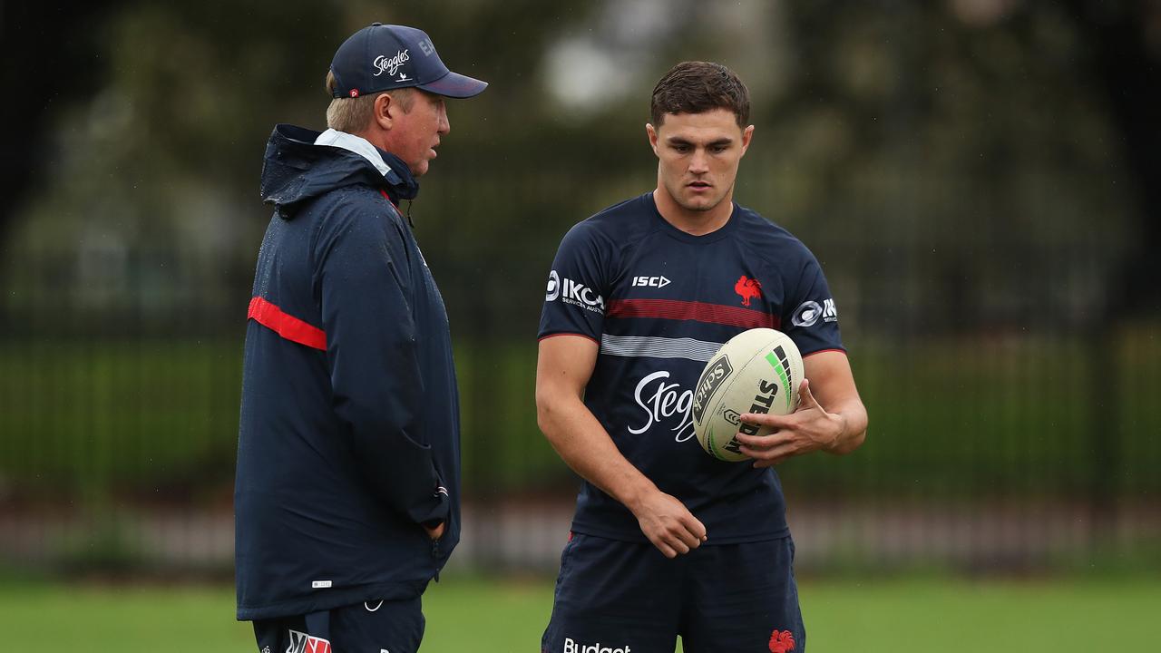 Coach Trent Robinson and Kyle Flanagan during Sydney Roosters training
