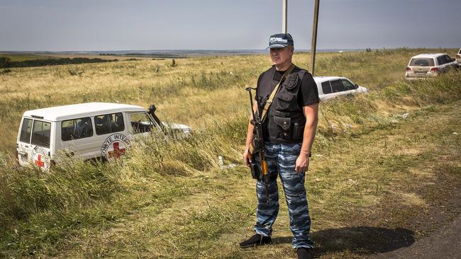 A member of a local militia stands guard at the MH17 crash site.