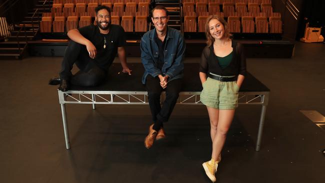 Actors Ray Chong Nee and Harriet Gordon Anderson flank Bell Shakespeare artistic director Peter Evans at the Nutshell. Picture: John Feder