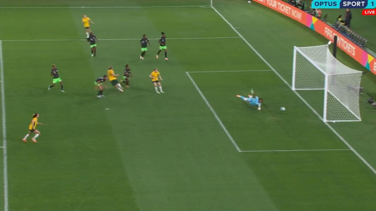 Australia's midfielder Emily Van Egmond scores in the match between Australia and Nigeria at Brisbane Stadium in Brisbane on July 27, 2023.