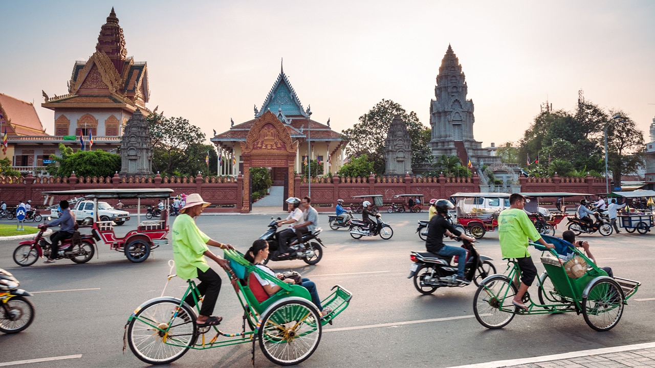 '<h2>CAMBODIA</h2>
<h3>The capital: Phnom Penh</h3>
<p>The Phnom Penh skyline has recently been transformed with lots of new buildings and sky bars popping up, while the history and beauty of the Royal Palace and Silver Pagoda remain.</p>
<p><strong>Where to stay:</strong> The <a href='https://travel.escape.com.au/accommodation/detail/raffles-hotel-le-royal?HotelCode=0326179' target='_blank' rel='noopener'>Raffles Hotel Le Royal</a> combines French Colonial, Khmer and Art Deco styles in a historic hotel where you can have a Raffles experience from $270 a night.</p>
<p><strong>Take a ride:</strong> In a cyclo, traditional pedal-powered transport that has been on these city streets since the 1930s.</p>
<p><strong>Don&rsquo;t miss:</strong> The former capital of Cambodia, Oudong, is about an hour from Phnom Penh and has stunning temples, stupas and Khmer architecture.</p>'