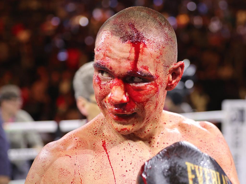 Tim Tszyu walks to his corner after the 12-round defeat. Picture: Getty