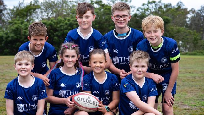 These young Rugby Sevens players will all be competing in the sevens event. Back: (L-R) Aston McCauley (11) Mathijs Diaz (11) Eddie Bryant (11) Max Baker (11). Front: William Burke (11) Ruby Ryan (10) Leilani Ainscough (9) Lachlan Burke (11).