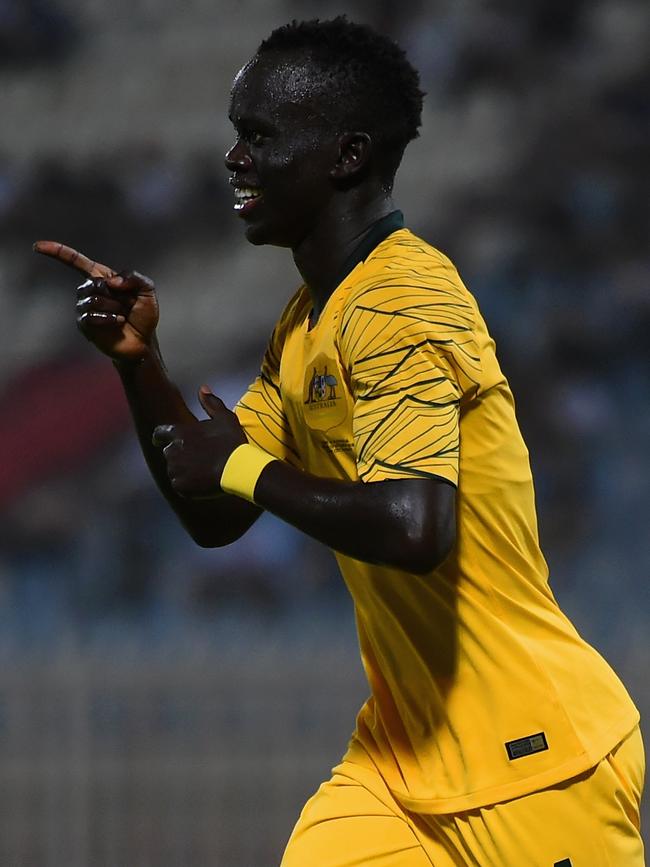 Awer Mabil after scoring against Kuwait. Picture: Tom Dulat/Getty Images