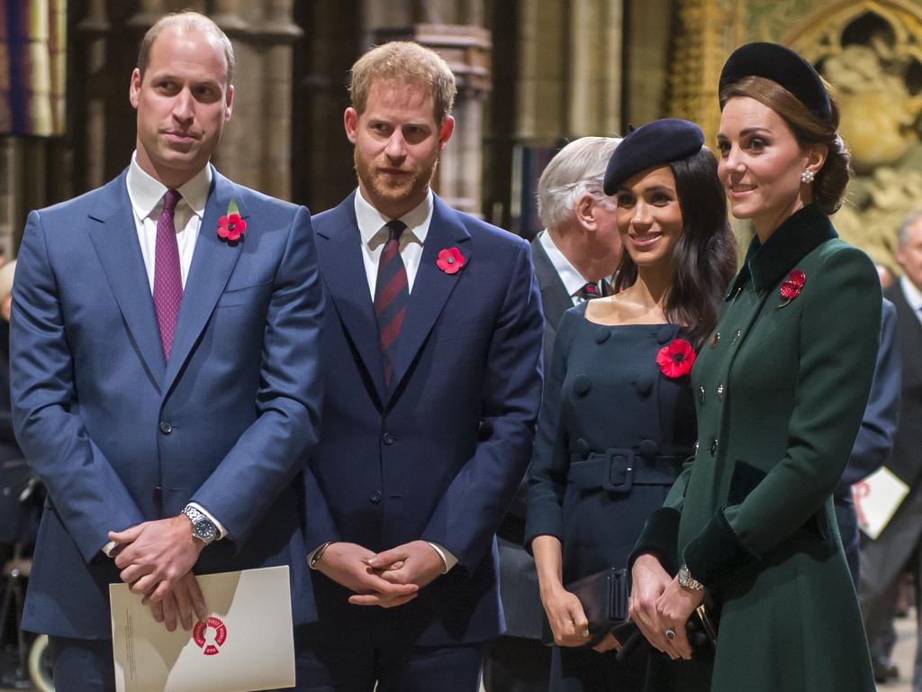 William, Harry, Meghan and Kate were pictured together earlier this month at a National Service to mark the centenary of the Armistice. Picture: Paul Grover/AP