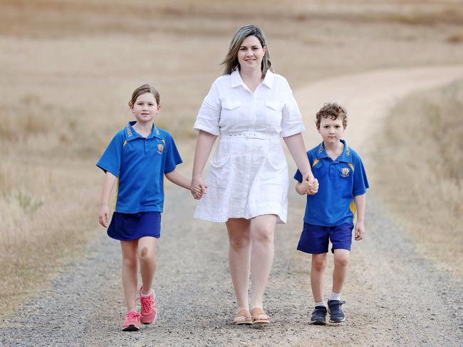 Kristen Michelmore of "Strathdee Station" with children Ivy, 8, and Ari, 6, who attend Valkyrie State School. Pics Tara Croser.