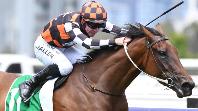 MELBOURNE, AUSTRALIA - DECEMBER 19: Jockey John Allen riding  Zou Dancer to win Race 3, the Tab App Trophy, during Melbourne Racing at Flemington Racecourse on December 19, 2020 in Melbourne, Australia. (Photo by Vince Caligiuri/Getty Images)