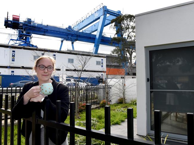 Trixie Gardiner at her home, which is overlooked by the massive 60 metre-long wheeled carrier. Picture: Nicole Garmston