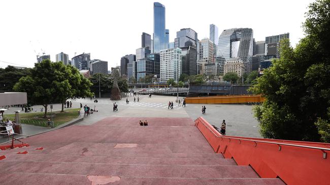 The red stairs at Queensbridge Square in Southbank may soon be removed. Picture: David Caird