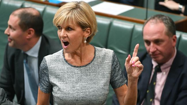 Julie Bishop, then foreign minister, answering questions about her ties to Sally Zou in June 2017. Picture: Mick Tsikas/AAP