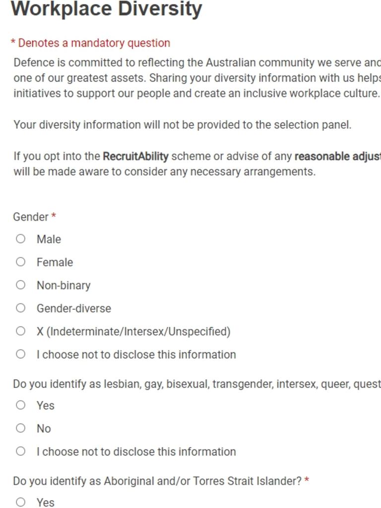 Potential soldiers, sailors and air force crew for the Australian Defence Force are now asked whether they are non-binary, gender diverse or of indeterminate or intersex. Picture: Supplied