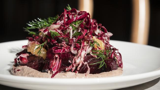 Roasted beetroot with shredded radicchio and pomegranate pearls. Photo by Sam Smith