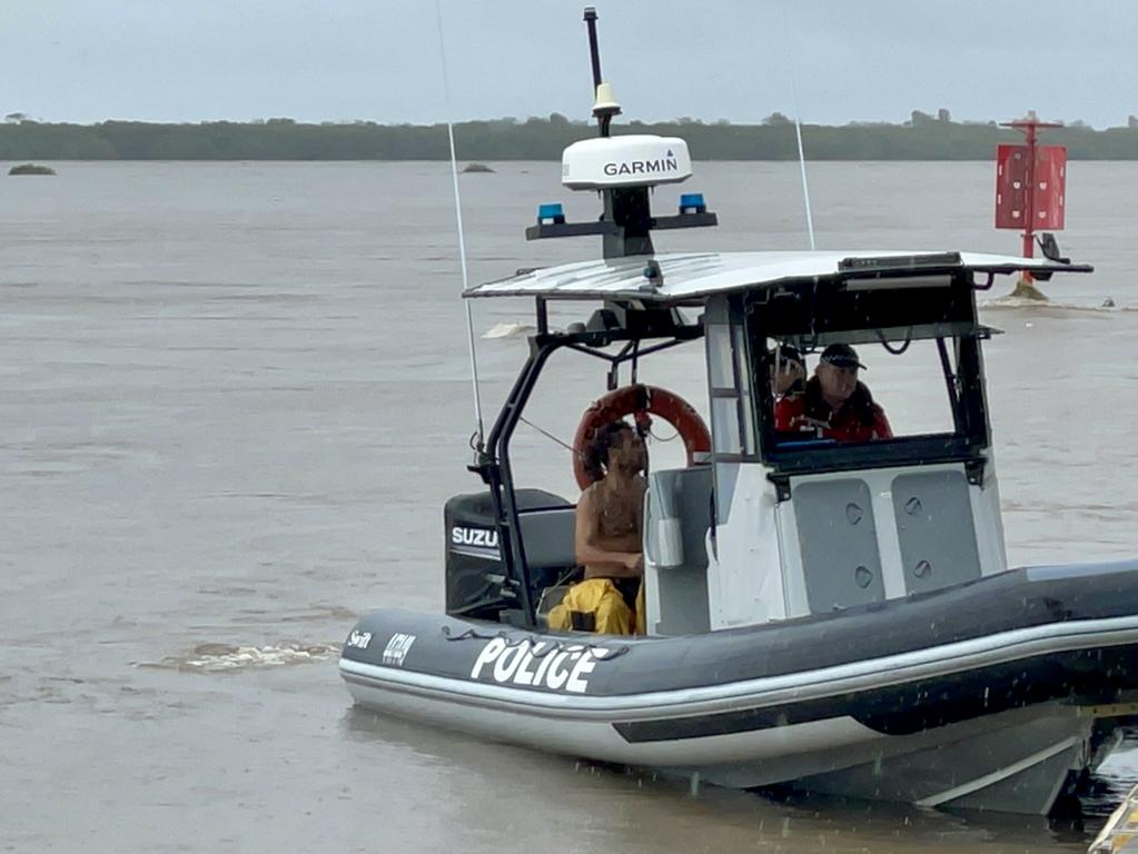 Yeppoon water police crew are in Mackay to help out as rain smashes the region. Officers rescued a French national whose boat drifted and sank at the mouth of the Pioneer River on Tuesday, January 13, 2023. Picture: Janessa Ekert