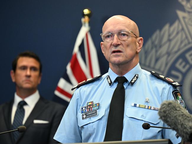 6/11/2024: QLD Premier David Crisafulli, Minister for Police Dan Purdie and  Queensland Police Service Commissioner Steve Gollschewski , at the Queensland Police Headquarters, Brisbane. pic: Lyndon Mechielsen/Courier Mail