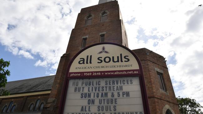 All Souls Anglican Church in Leichhardt notifies parishioners of the churches closure. Picture: Dean Lewins/AAP