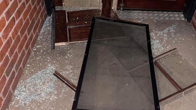 Shattered glass at Alice Springs Brewing Co after it was broken into over the weekend. Picture: supplied.