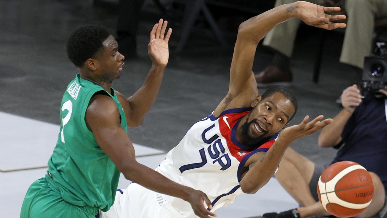 Agada mixes it with NBA and Team USA big gun Kevin Durant during Nigeria’s shock exhibition win. Picture: Getty Images