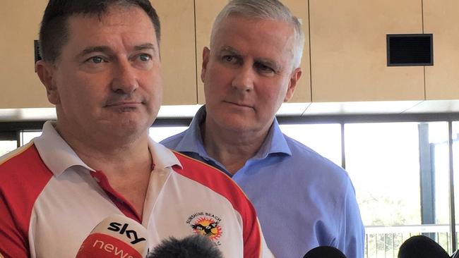 Member for Wide Bay Llew O'Brien and Deputy Prime Minister Michael McCormack forced a united front at the official opining of Sunshine Beach Surf Lifesaving Club. Photo: Caitlin Zerafa