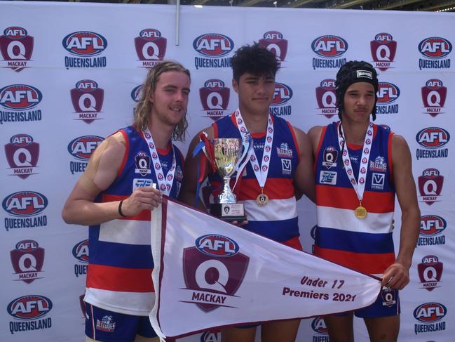 Connor King (left), Cody Nieuwkamp, and Tunee Batzke after the Moranbah Bulldogs v Whitsunday Sea Eagles u17s AFL grand final at Magpies Sporting Club, Mackay, September 11, 2021. Picture: Matthew Forrest