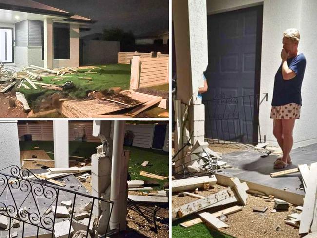 Burdell resident Linda Hill woke up to find youths in a stolen car had crashed through her front yard, leaving a trail of destruction behind around 4.40am on Saturday. Picture: Facebook