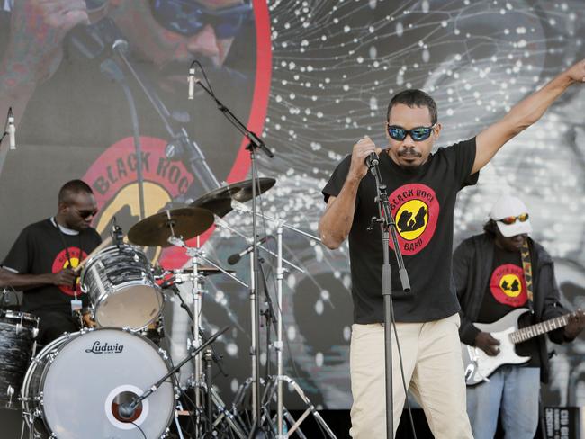 Indigenous band from the Nortehern Territory, Black Rock Band, perform on the main stage at Mona for Mona Foma. Picture: PATRICK GEE