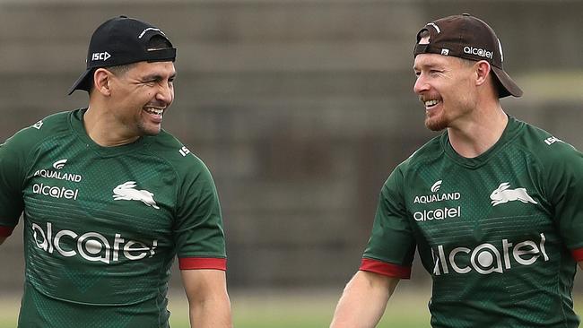 Cody Walker and Damien Cook this week during South Sydney training ahead of their final against the Knights. Picture. Phil Hillyard