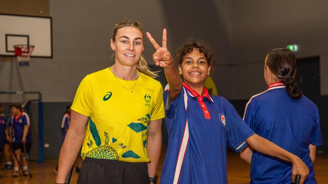 Mariah Williams and Venique Corbett as Olympians and scholarship coaches run training sessions for Katherine youth at RAAF Base Tindal. Picture: Pema Tamang Pakhrin