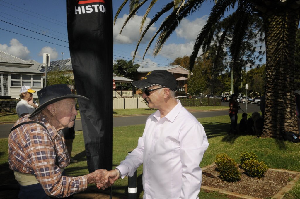 Sir Tony Robinson with Battle of Milne Bay veteran and member of the 25th Battalion Bert Miles at the Mother's Memorial for filming of documentary. Photo: Bev Lacey / The Chronicle. Picture: Bev Lacey