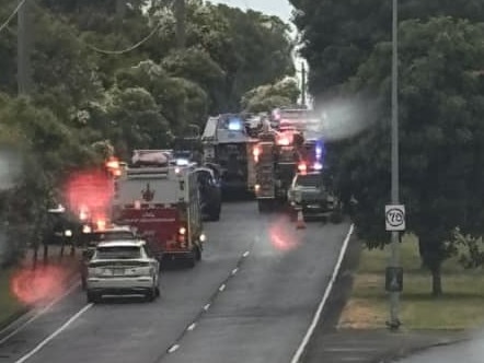 Paramedics rushed to the serious single-vehicle crash at the intersection of Manly Road and Wondall Road at 3:45 pm, with crews working to free a man from the vehicle. Picture: Courty Nish