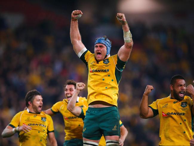 James Horwill (C) celebrates victory after the Rugby Championship Test match between Australia and South Africa at Suncorp Stadium.