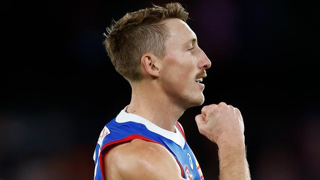 MELBOURNE, AUSTRALIA - APRIL 18: Bailey Dale of the Bulldogs celebrates a goal during the 2024 AFL Round 06 match between the St Kilda Saints and the Western Bulldogs at Marvel Stadium on April 18, 2024 in Melbourne, Australia. (Photo by Michael Willson/AFL Photos via Getty Images)