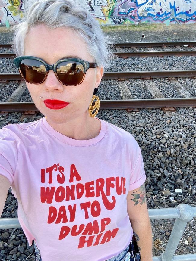 Clementine Ford wearing a T-shirt that says: “It's a wonderful day to dump him.” She makes the case against marriage in her new book, I Don’t.