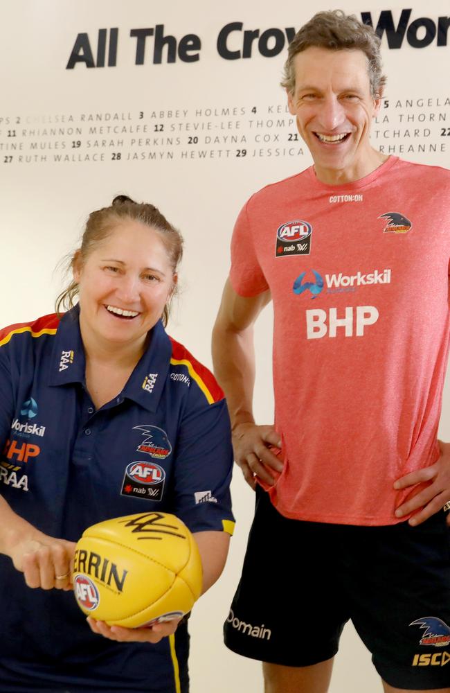 Narelle Smith with Adelaide’s AFLW coach Matthew Clarke. Picture: AAP Image/Dean Martin