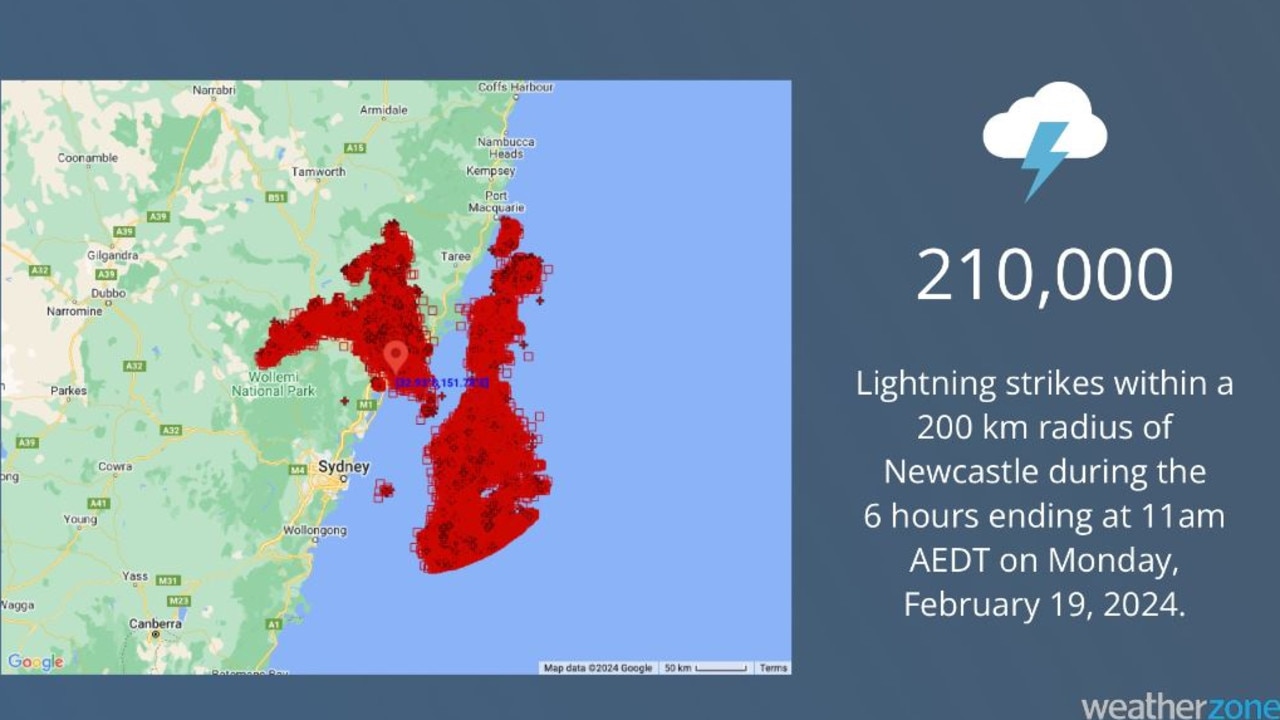 On Monday, Weatherzone’s Total Lightning Network detected around 210,000 lightning strikes within a 200km radius of Newcastle between 5am and 11am AEDT. Picture: WeatherZone