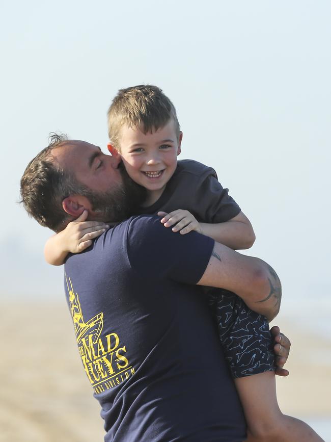 Julian Hohnen, 7, and his dad Maike. Picture: Mark Cranitch.