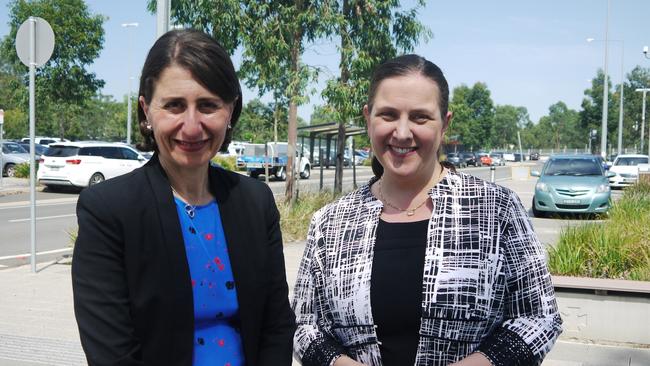 NSW Premier Gladys Berejiklian and Holsworthy state Liberal MP Melanie Gibbons announce 700 extra car park spaces at Edmondson Park railway station. Picture: Cindy Ngo