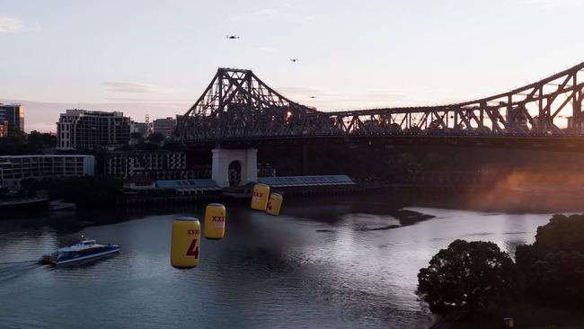 The XXXX cans floating near the Story Bridge.
