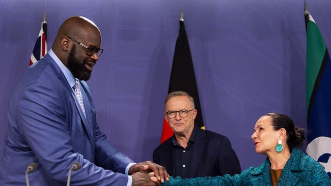 NBA legend Shaquille O'Neal appears at a press conference to promote the voice with Prime Minister Anthony Albanese and Minister for Indigenous Australians Linda Burney in August. Picture: NCA NewsWire / Monique Harmer