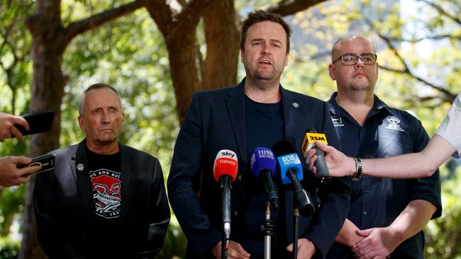 RTBU NSW Secretary Toby Warnes, President Craig Turner and Locomotive Divisional Secretary Farren Campbell.Picture: NewsWire / Nikki Short