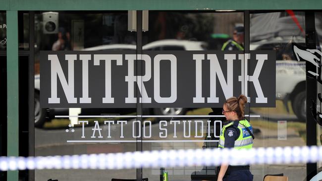 The scene of the dramatic tattoo parlour shooting in Hampton Park. Picture: Alex Coppel