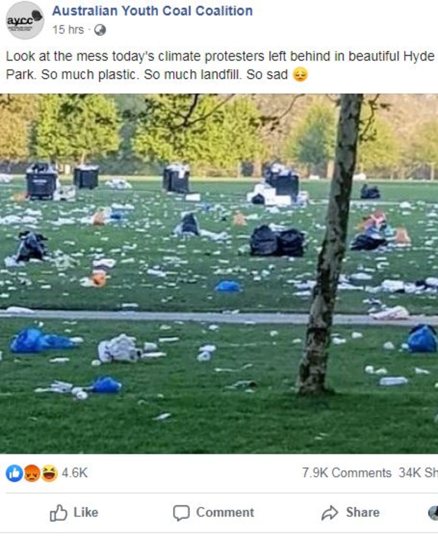 The Australian Youth Coal Coalition accused the climate change protesters of leaving rubbish behind at Hyde Park in Sydney. Picture: Facebook/AYCC