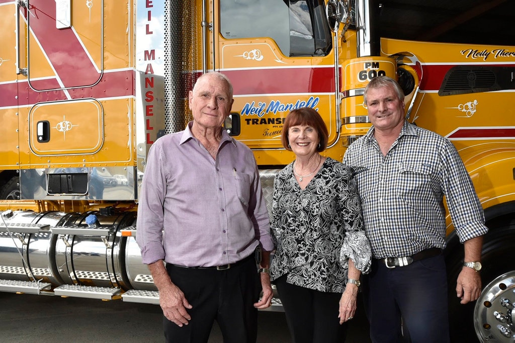 Neil and Fay Mansell with their son Robert Mansell. Neil Mansell Transport celebrated purchasing it's 600th truck. October 2018. Picture: Bev Lacey