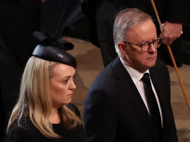 LONDON, ENGLAND - SEPTEMBER 19: Australia's Prime Minister Anthony Albanese and his partner Jodie Haydon arrive for the State Funeral of Queen Elizabeth II at Westminster Abbey on September 19, 2022 in London, England. Elizabeth Alexandra Mary Windsor was born in Bruton Street, Mayfair, London on 21 April 1926. She married Prince Philip in 1947 and ascended the throne of the United Kingdom and Commonwealth on 6 February 1952 after the death of her Father, King George VI. Queen Elizabeth II died at Balmoral Castle in Scotland on September 8, 2022, and is succeeded by her eldest son, King Charles III. (Photo by Phil Noble - WPA Pool/Getty Images)